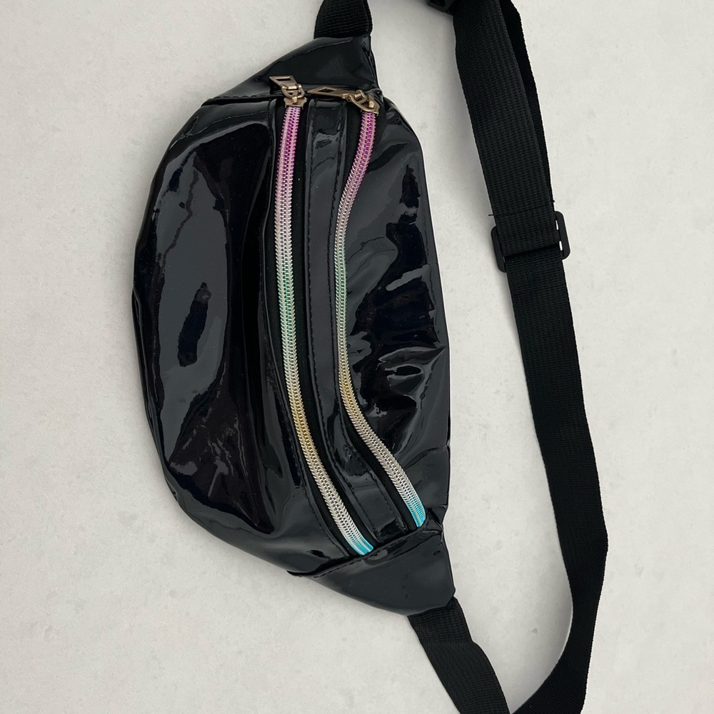 NWT Black Shiny Fanny Pack with Rainbow Zipper